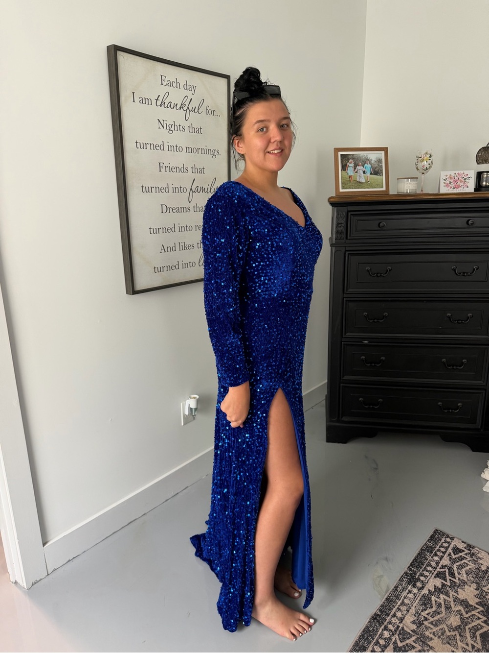 Sequin V-Neck Long Sleeve Evening Gown in Royal Blue